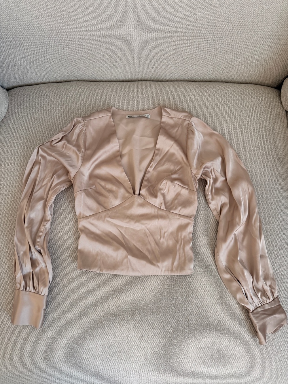 Silky V-Neck Long Sleeve Abercrombie Blouse in Beige